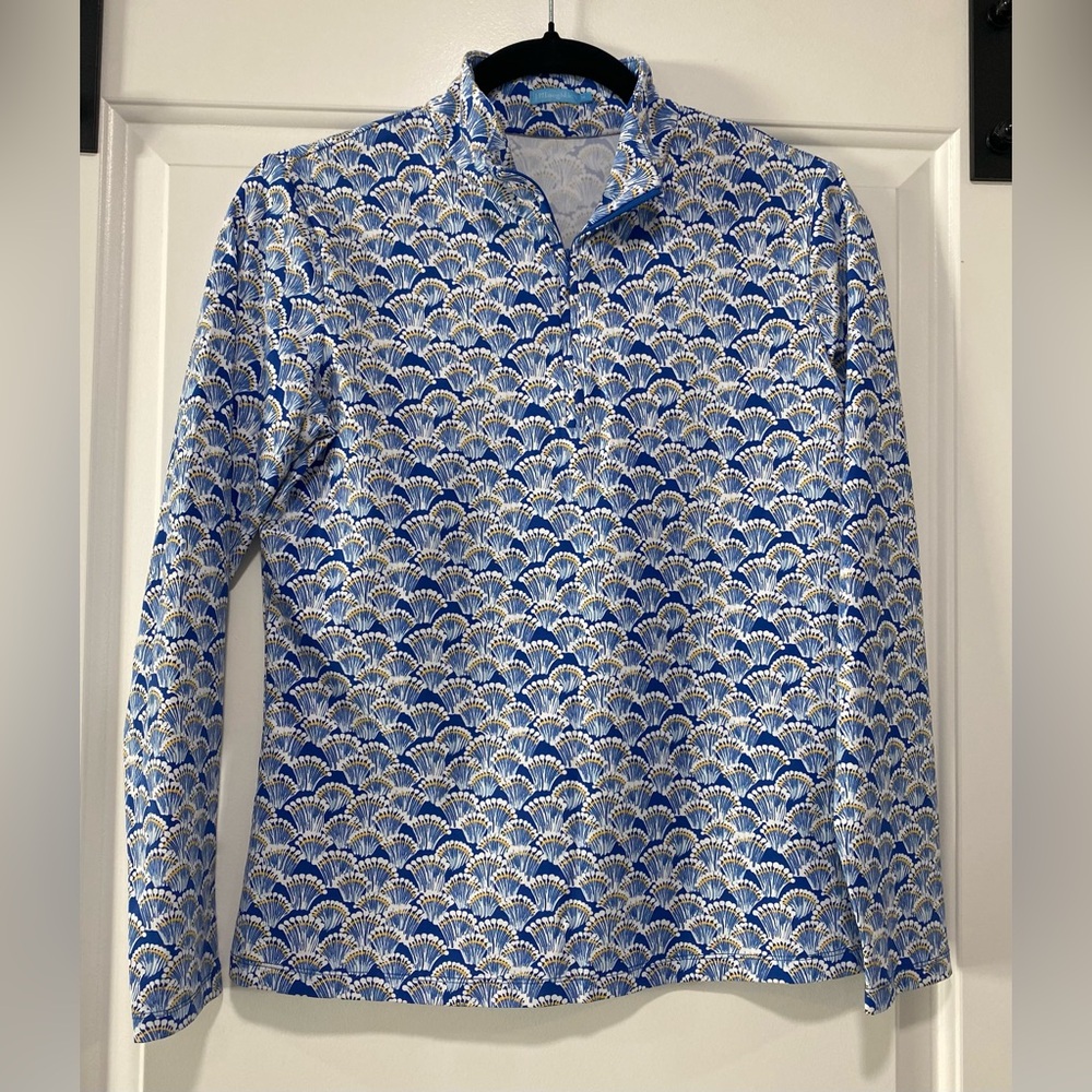 J. McLaughlin Women’s Blue and white and yellow Fan Pattern quarter zip pullover